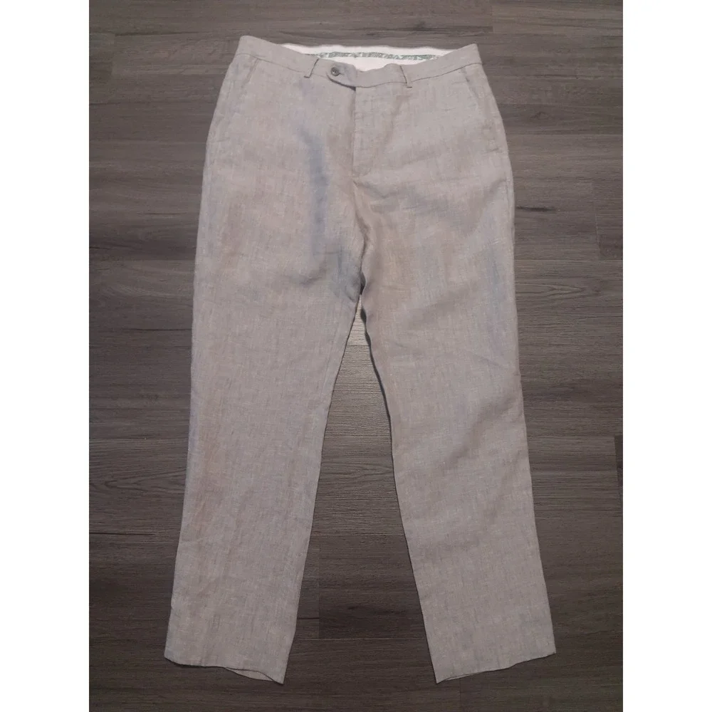 Joseph Abboud Men's Gray 00% Linen Plaid Dress Pants Size 34x32‎ Actual 34x29.5